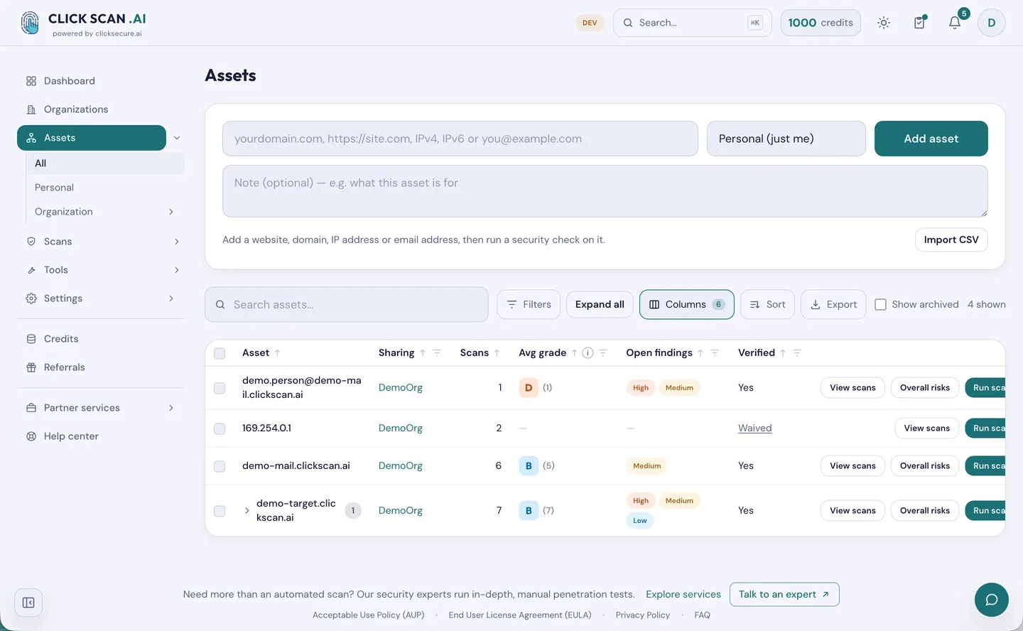 The assets list: every asset carries the client organization it belongs to, its average grade and whether ownership has been proven.