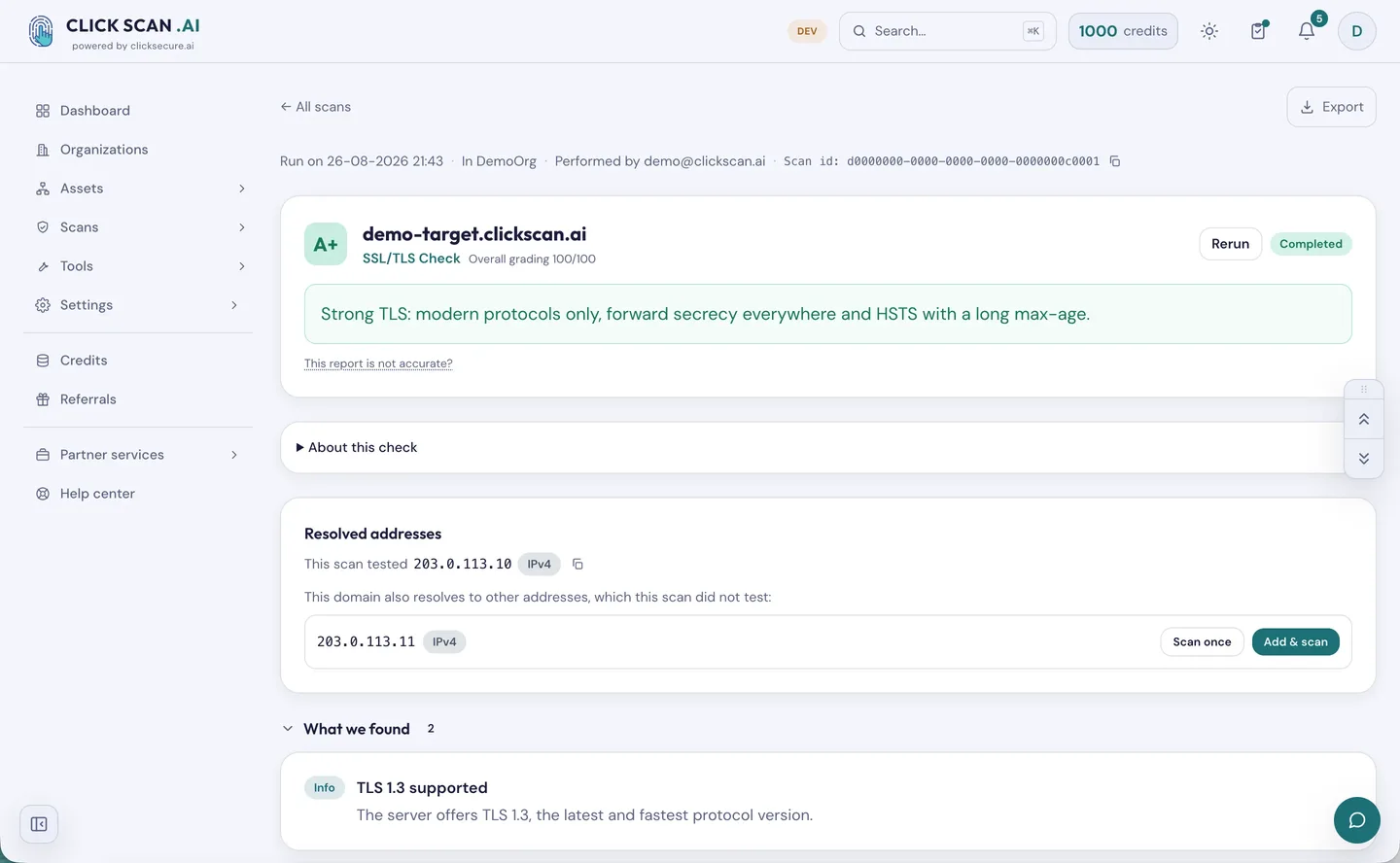 A finished TLS report: the certificate, what the server will negotiate, and named weaknesses checked one by one — the kind of thing you hand a client.